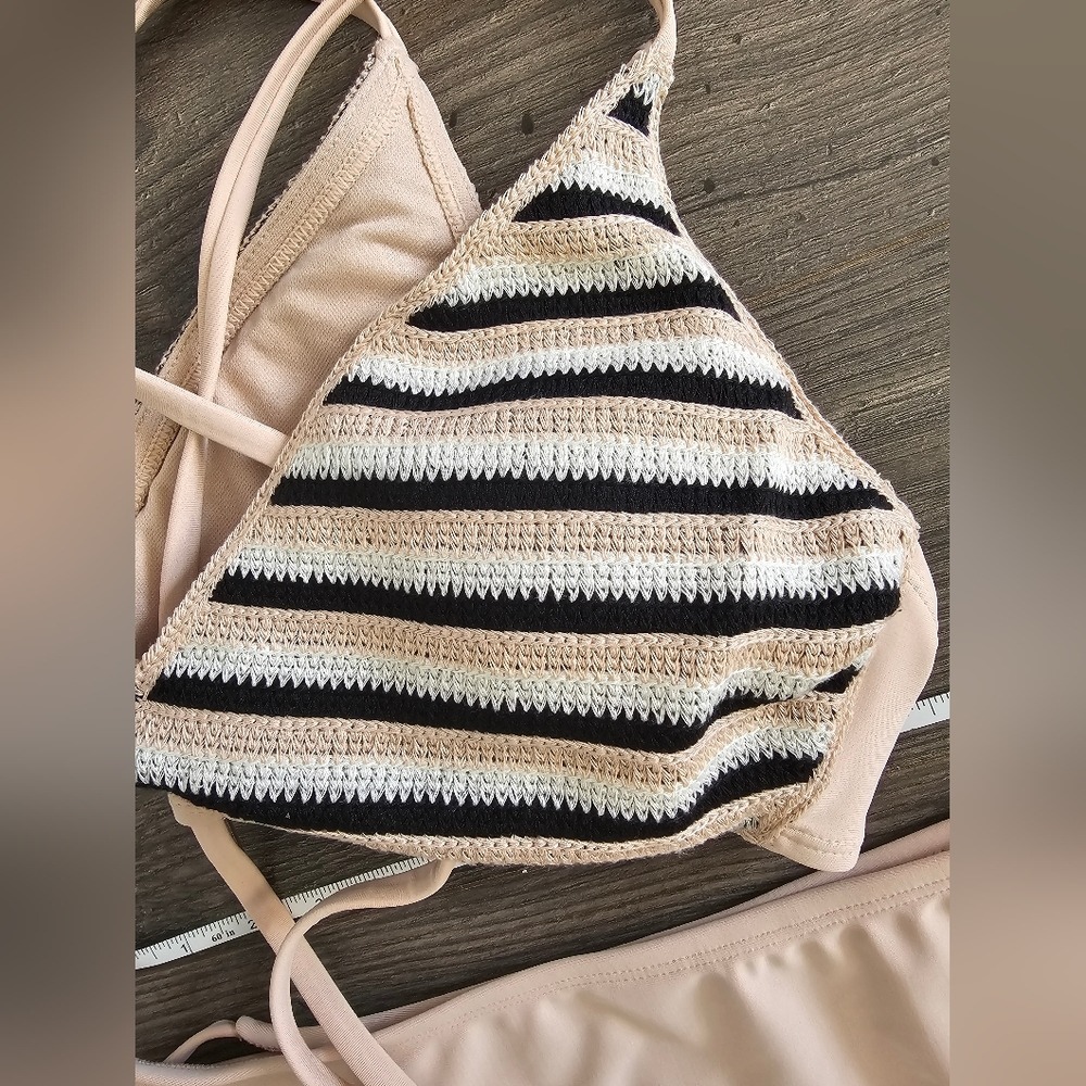 Women's sz M Nude Bikini Crochet Striped Top Solid‎ Side String Tie Bottoms - Picture 3 of 8